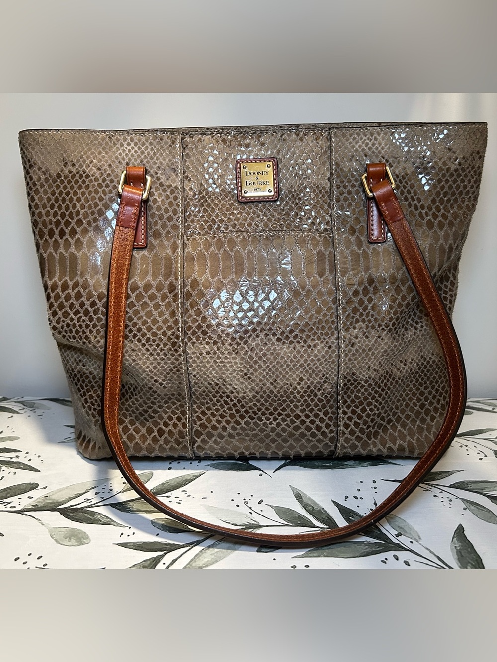 Dooney & Bourke Taupe Snake-Embossed Leather Tote with Brown Straps